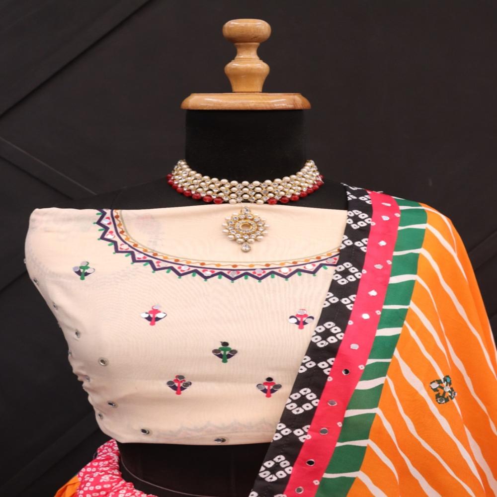 Digital Print Muslin Cotton Lehenga Choli - Semi-stitched Lehenga With Inner Silk, Unstitched Blouse And Mirror Work, 42" Waist Size, 4m Flair, Ethnically Inspired Design