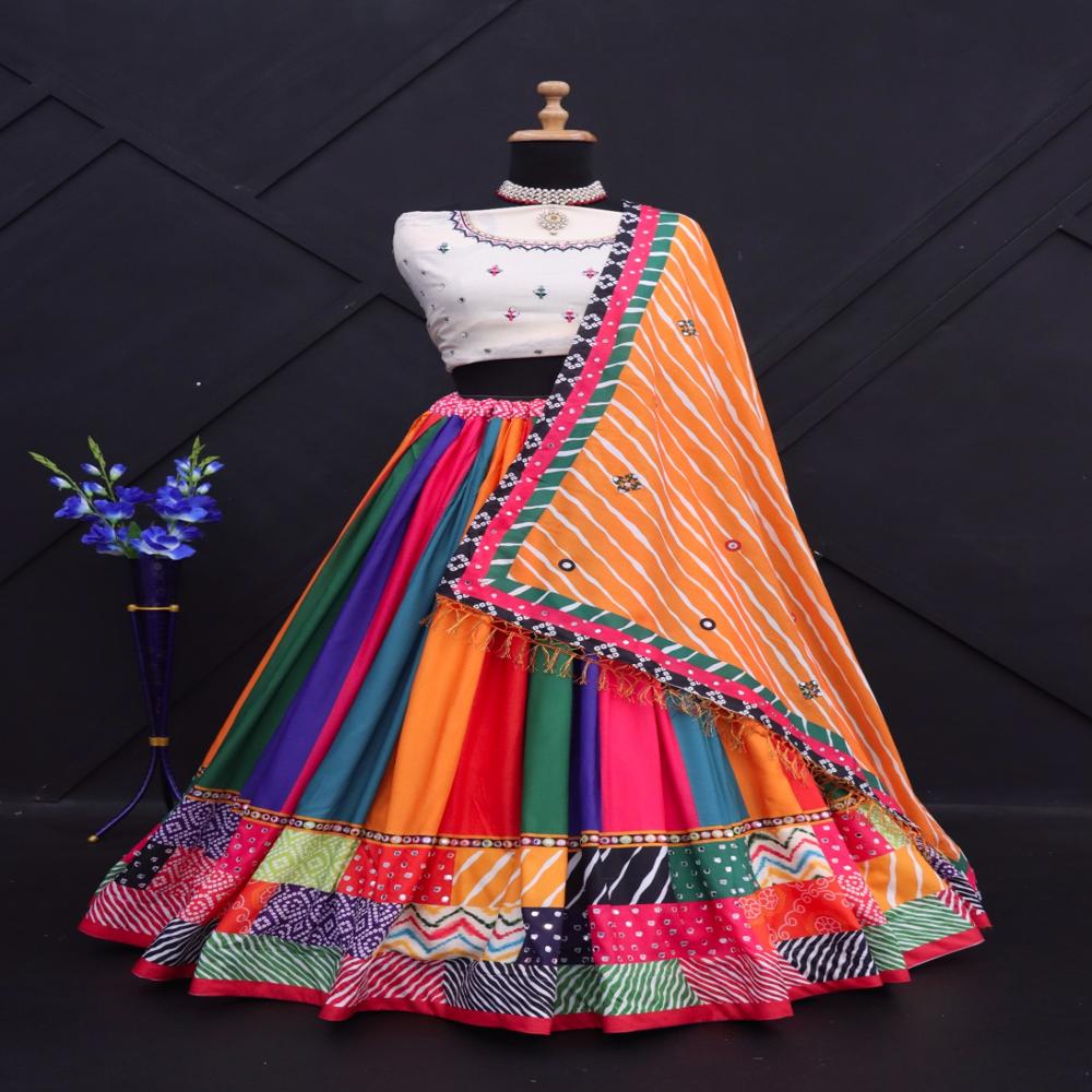 Digital Print Muslin Cotton Lehenga Choli - Semi-stitched Lehenga With Inner Silk, Unstitched Blouse And Mirror Work, 42" Waist Size, 4m Flair, Ethnically Inspired Design
