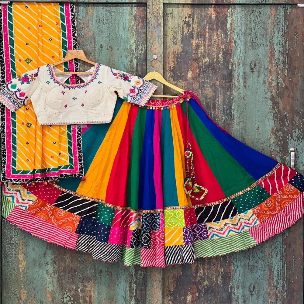 Digital Print Muslin Cotton Lehenga Choli - Semi-stitched Lehenga With Inner Silk, Unstitched Blouse And Mirror Work, 42" Waist Size, 4m Flair, Ethnically Inspired Design