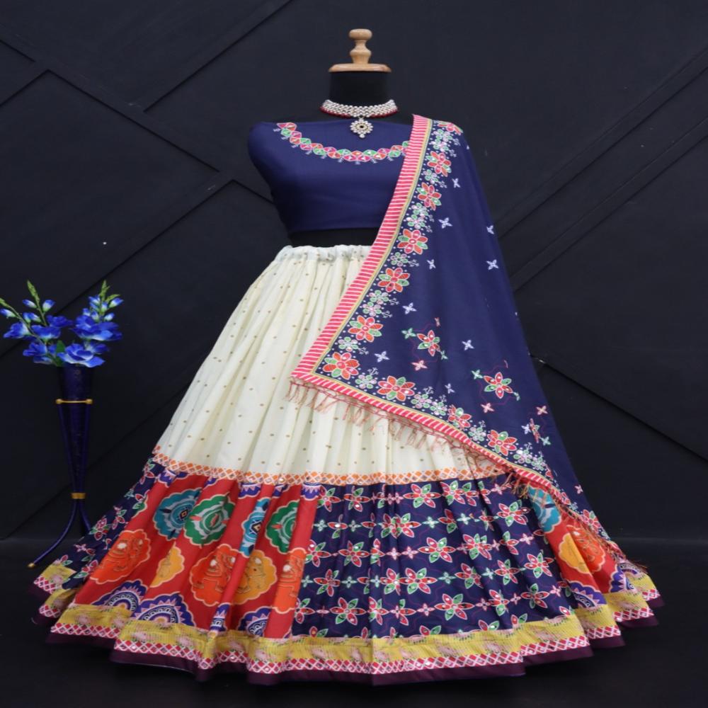 Digital Print Muslin Cotton Lehenga Choli - Semi-stitched 41" Length, 4 Meter Flair, Multi Color, Breathable Fabric, Includes Lehenga, Unstitched Blouse & Duppata
