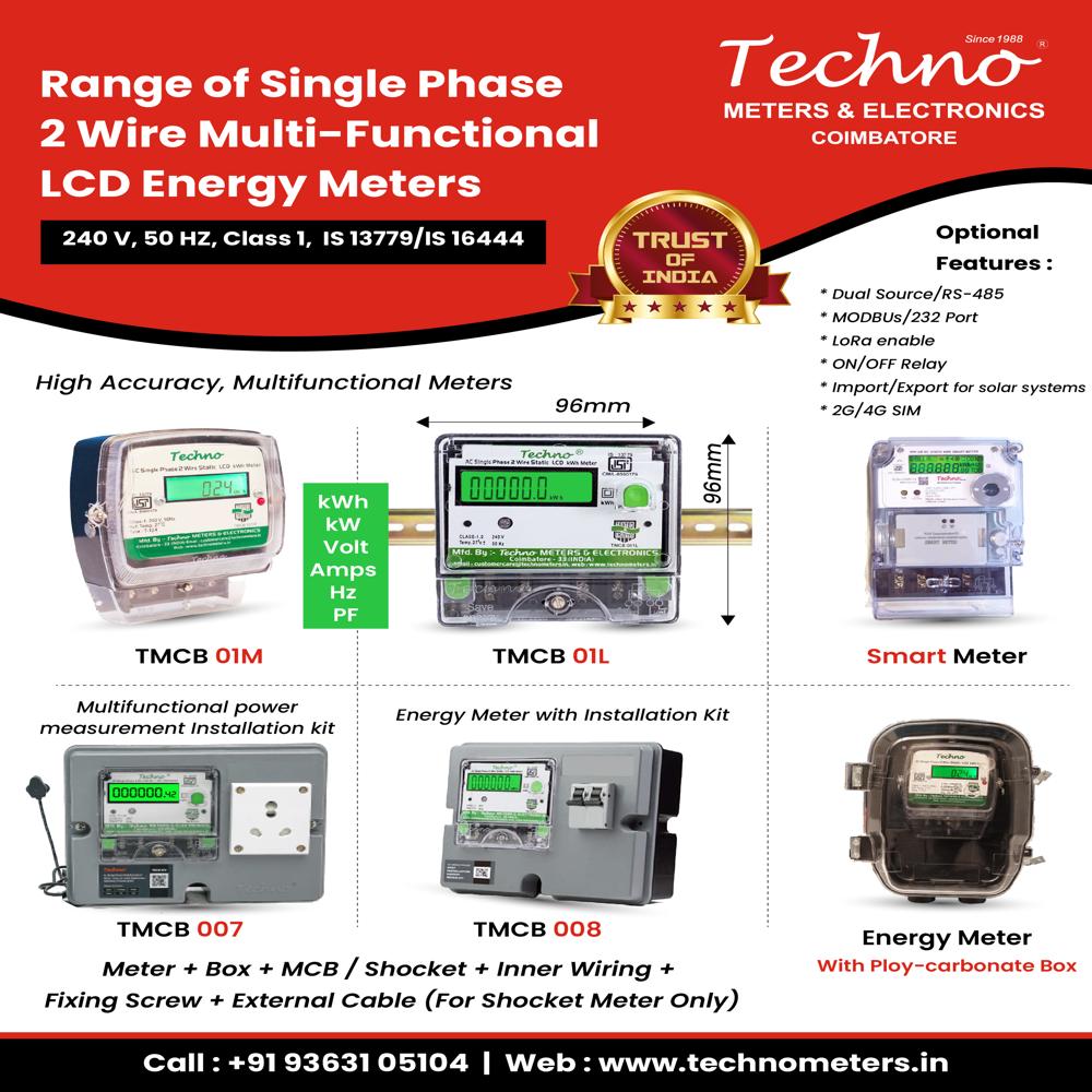 Techno Single Phase Multi Purpose Energy Meter - Multi Mounting Options (Wall, Din, Panel) | High Accuracy Lcd Display (Kwh, Watt, Volt, Amps, Hz)