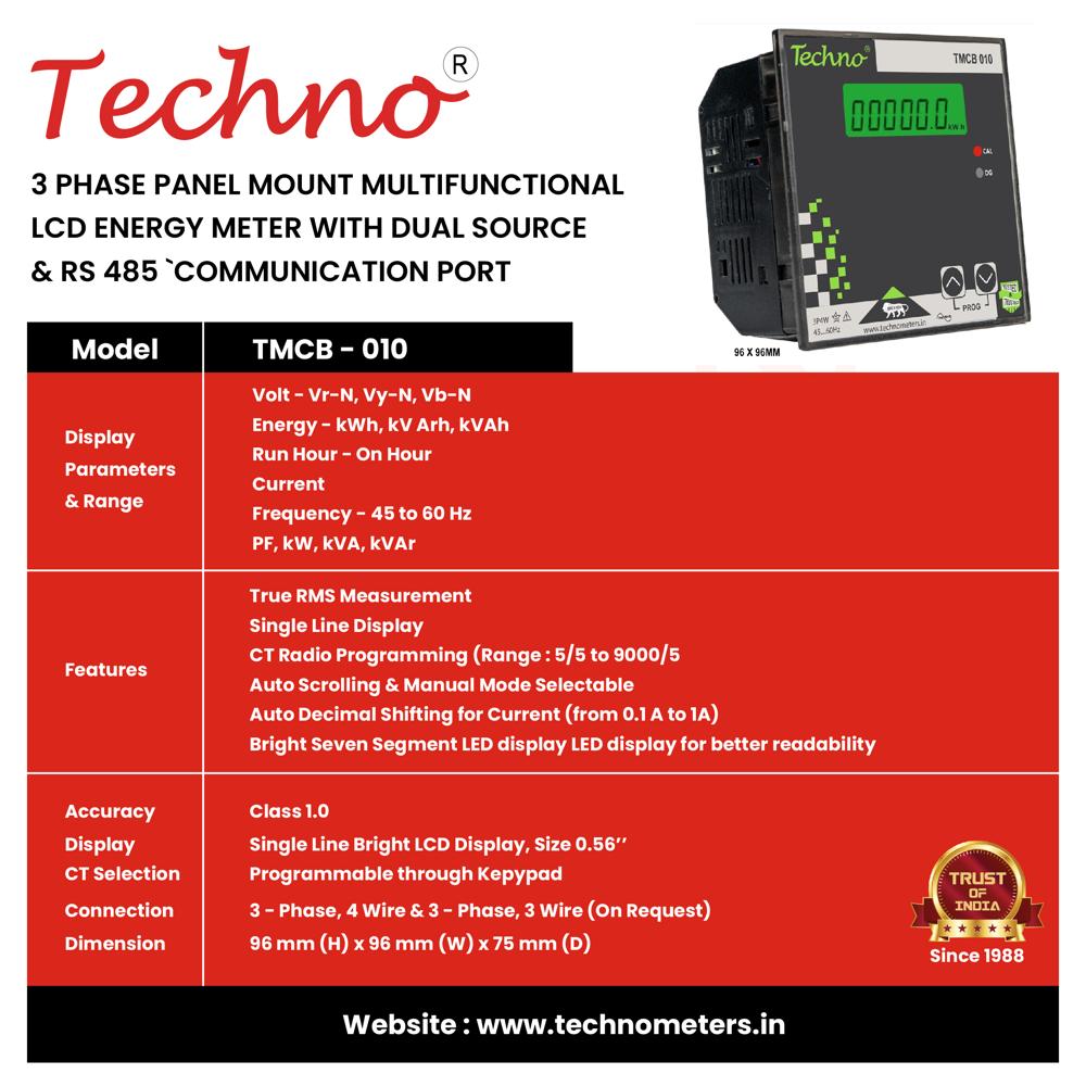Techno Tmcb010 Dual Source Multifunctional Meter - Ac Three Phase, Class 1 Accuracy, 50 Hz, 3x240 V | Measures Eb And Dg Electricity Consumption