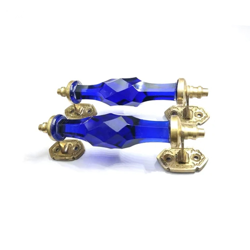 Diomond Cut Glass Door Handle With Brass Fitting - Color: Blue