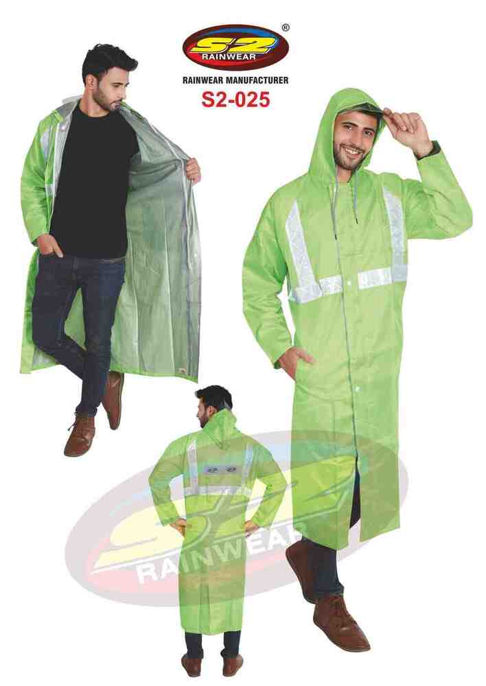 Pu Polyester Raincoats - Polyester Taffeta With Virgin Pvc Lining 0.15mm, Assorted Colors, Reversible Long Coat With Hood & Pockets, High Visibility Reflective Tape