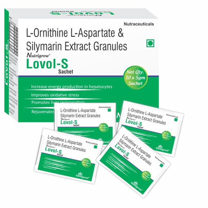 Nutritional Info : Each Sachet [5g] Powder Contains [Approx] : Energy 5.68kcal + Carbohydrate 1.42g + Sugar 0.30g + Protein 0.00g + Fat 0.00g + Silymarin Extract 1.00g + L-Ornithine L-Aspartate 35.00mg