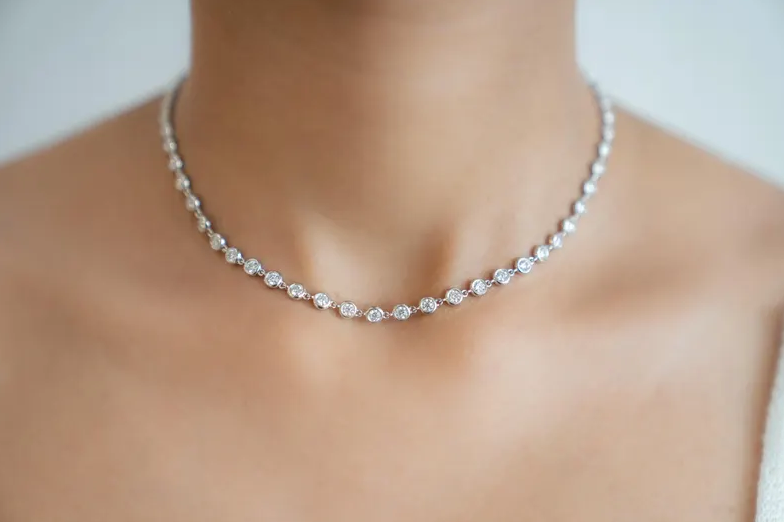 Luxury Moissanite Tennis Necklace, Round cut Moissanite Diamond Necklace, Bezel Tennis Necklace Moissanite, Tennis Necklace Valentine Gift for Her