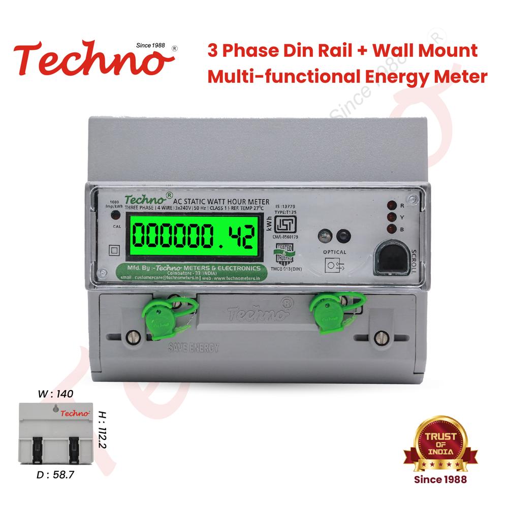 Techno Three Phase Din Rail Mount Multi Function - Compact Energy Meter For Wall, Din & Panel Mounting | High Accuracy Lcd Display, Multifunctional Parameters