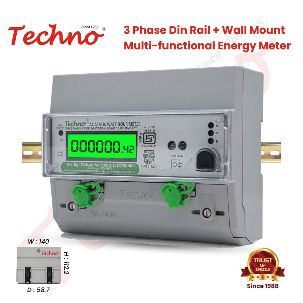 Techno Three Phase Din Rail Mount Multi Function - Compact Energy Meter For Wall, Din & Panel Mounting | High Accuracy Lcd Display, Multifunctional Parameters