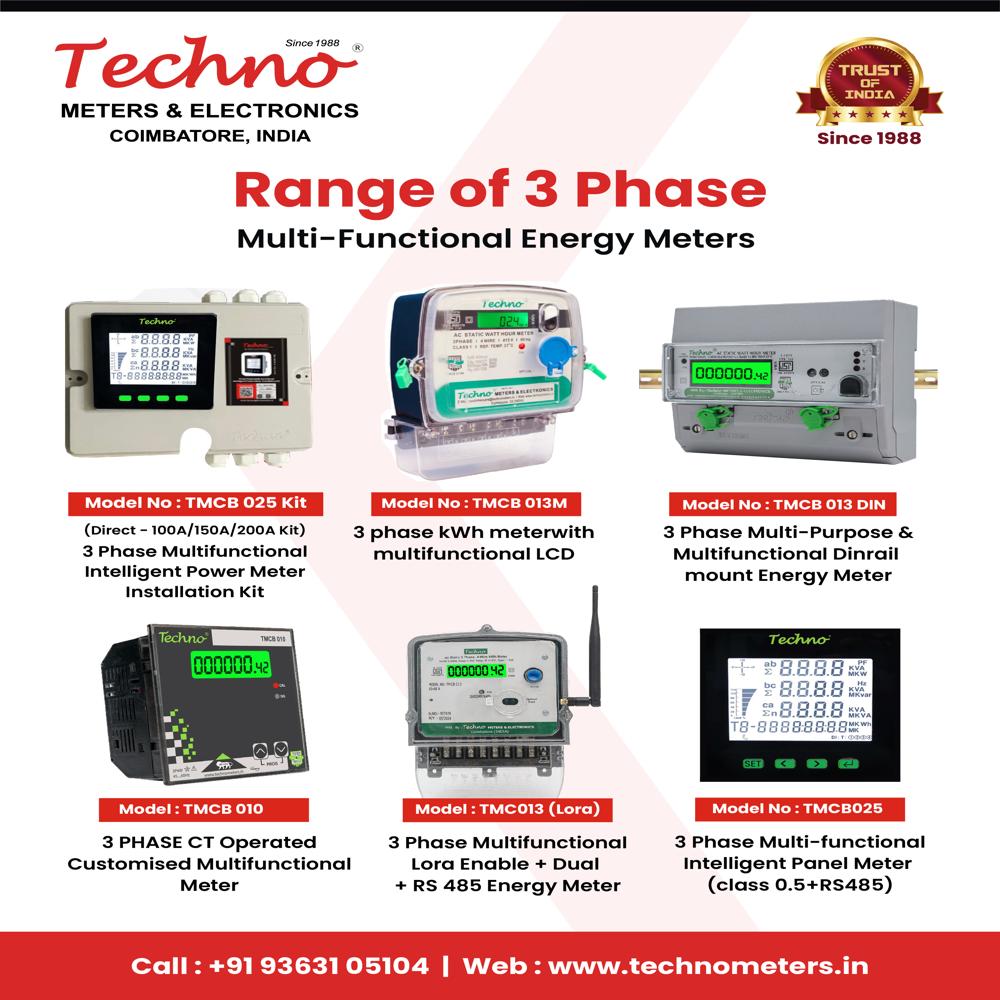 Techno Three Phase Din Rail Mount Multi Function - Compact Energy Meter For Wall, Din & Panel Mounting | High Accuracy Lcd Display, Multifunctional Parameters
