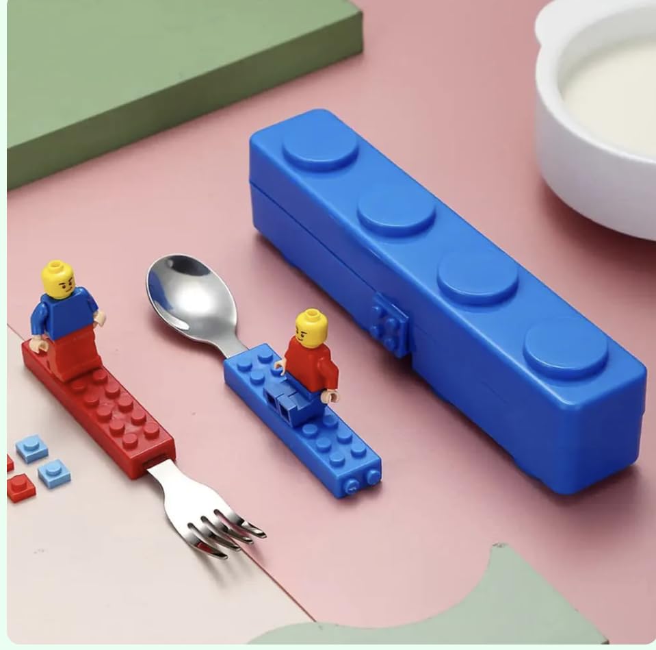 Stainless Steel Building Blocks Cutlery Set Of 3 - Color: Blue & Red