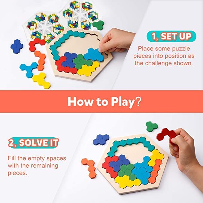 Wooden Hexagon Puzzle - Size: 27.8 X 13.9 X 3.4 Cm