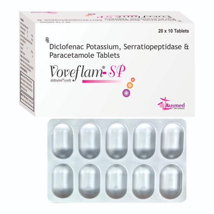Diclofenac Potassium BP 50 mg. Paracetamol IP 325 mg. Serratiopeptidase IP 10 mg.