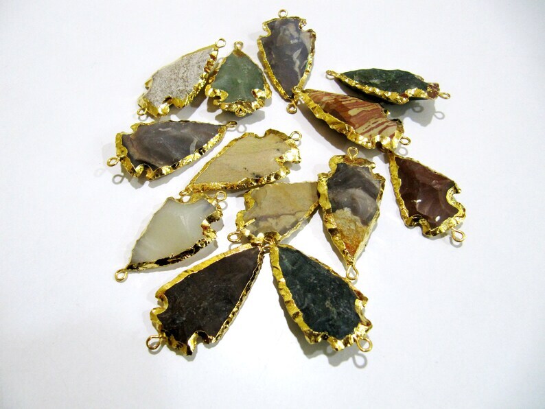 2 Pcs Set Natural Jasper Gold Electroplated Edge Double Loop - Size 1 To 1.5 Inches, Multi-color Gemstone Arrowhead Charm For Necklaces, Earrings, Bracelets