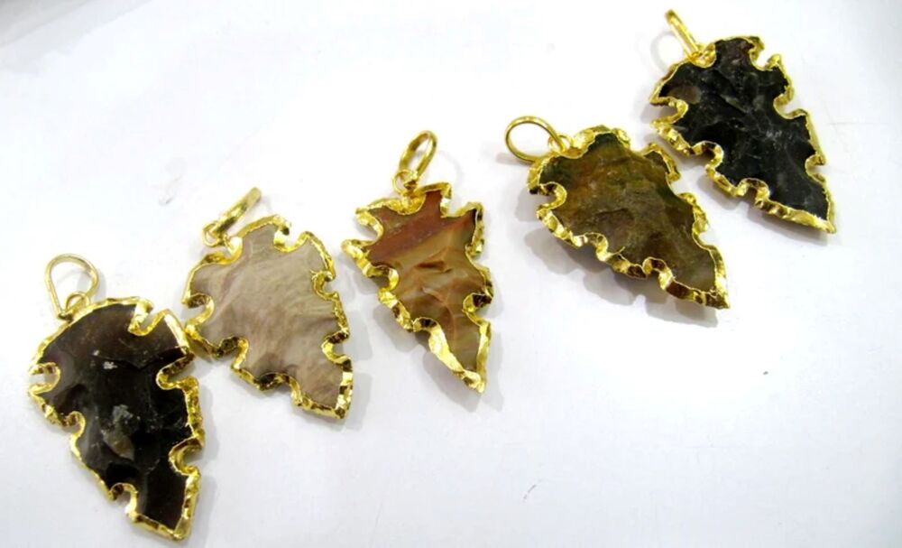 Natural Jasper Hunting Tool Design Gold Electroplated Edge Single Loop
