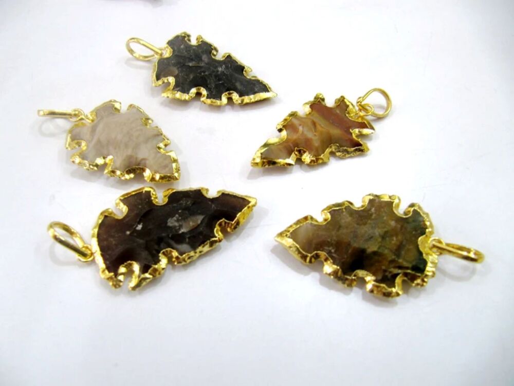 Natural Jasper Hunting Tool Design Gold Electroplated Edge Single Loop