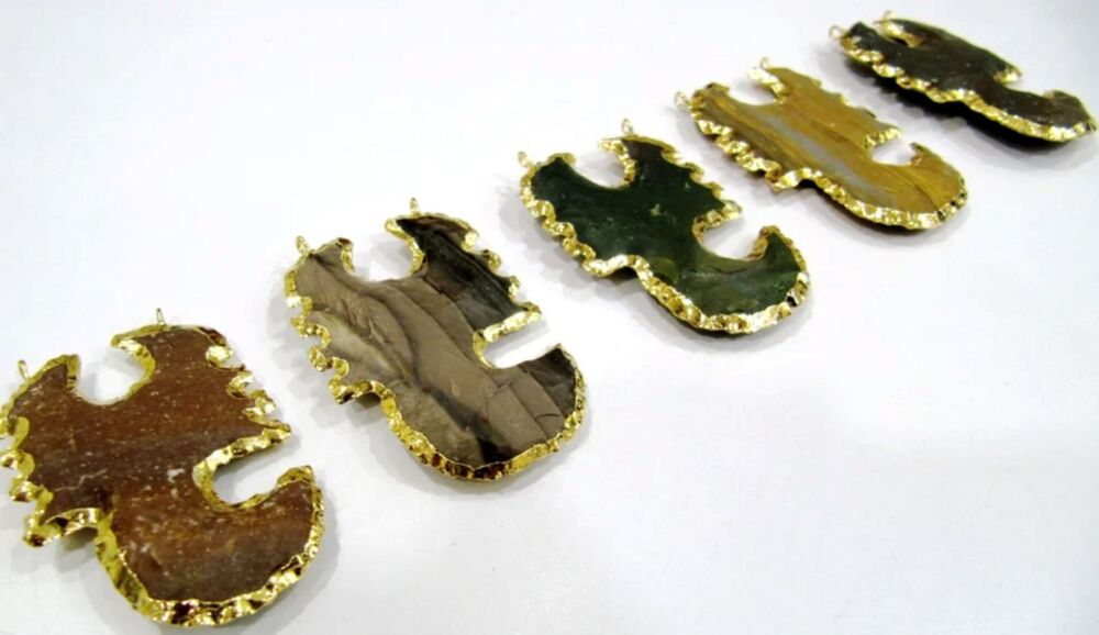 Natural Jasper Scorpio Shape Design Gold Electroplated Edge Double Loop