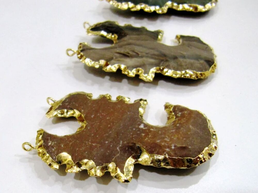 Natural Jasper Scorpio Shape Design Gold Electroplated Edge Double Loop