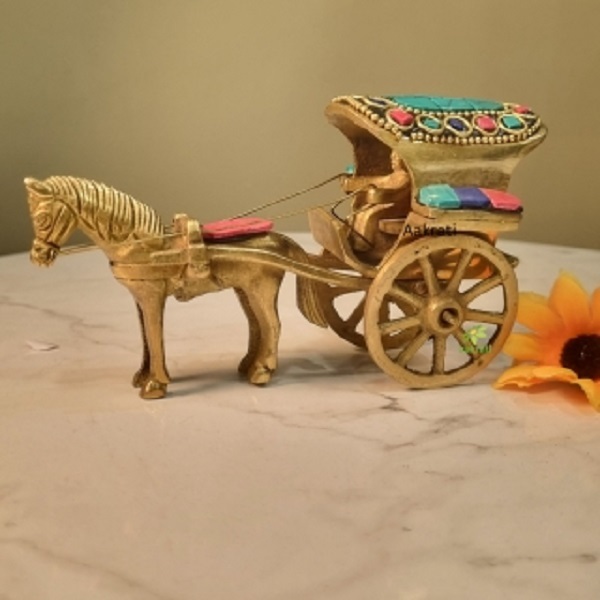 Aakrati Brass Horse Cart Showpiece | Classic Indian Decorative Piece | Handmade Horse Cart With Stone Finish ( Multi Color, 5 inch)