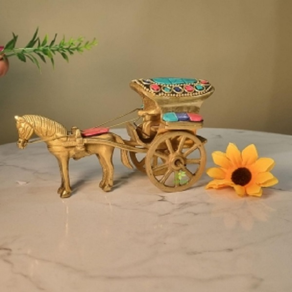 Aakrati Brass Horse Cart Showpiece | Classic Indian Decorative Piece | Handmade Horse Cart With Stone Finish ( Multi Color, 5 inch)