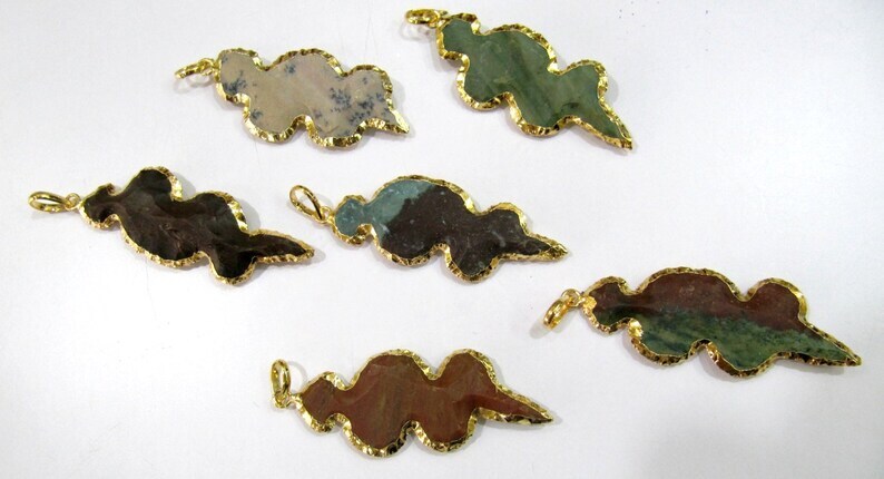 Natural Jasper Designer Snack Shape Gold Electroplated Edge Single Loop