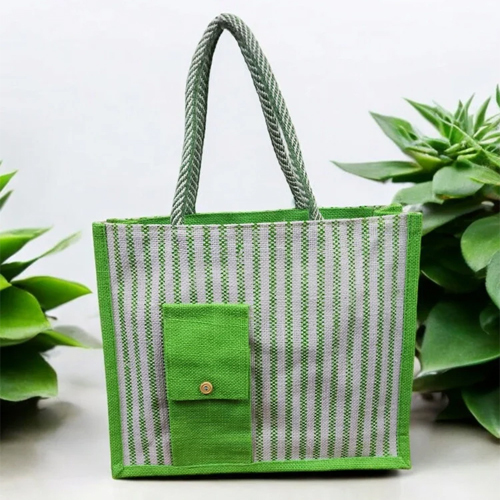 13.5Inch Jute Shopping Bag - Color: Green (Base)