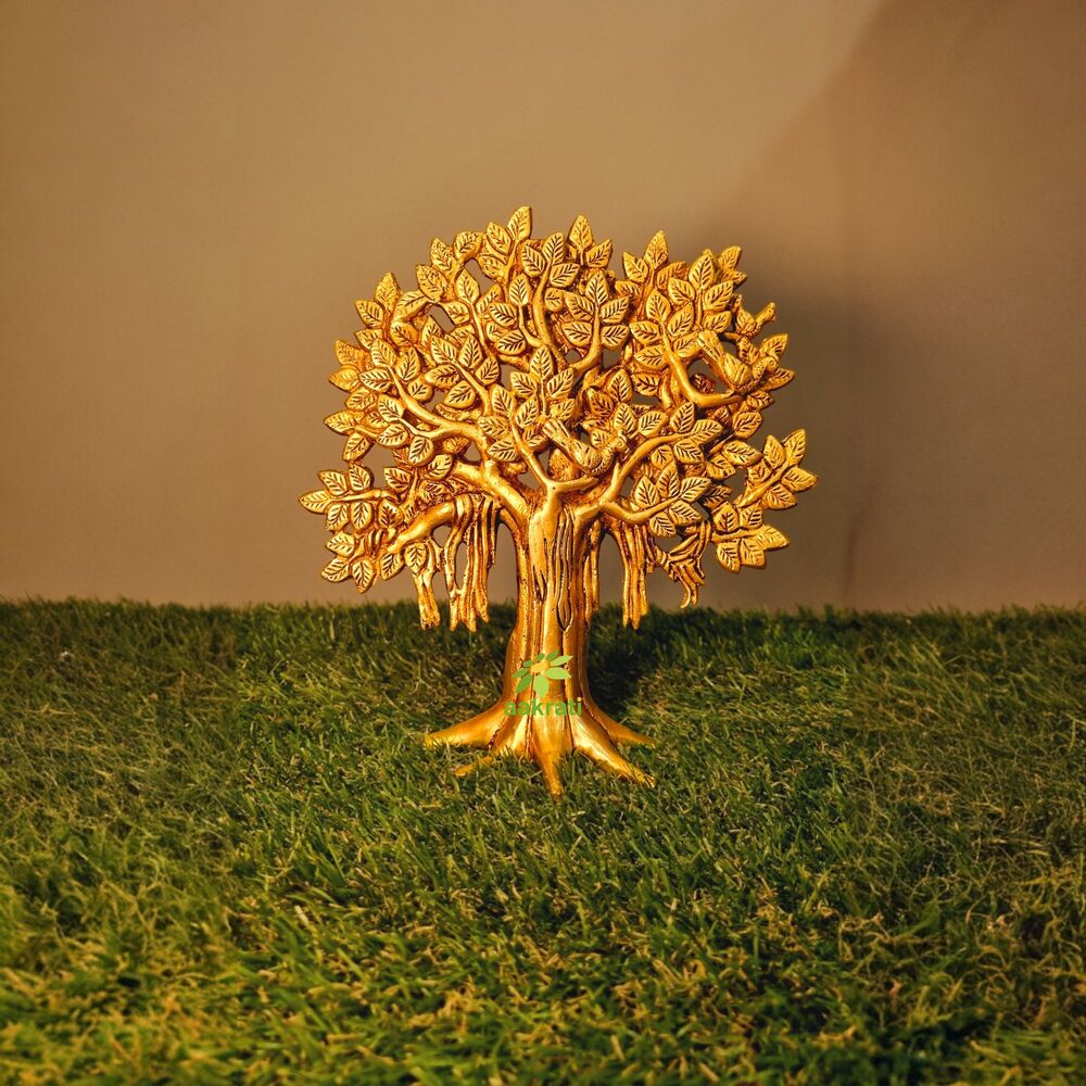 Aakrati Traditional Brass Tree Sculpture | Luxury Table Decor For Indian Homes | Handcrafted Brass Tree Accent ( Yellow,9 Inch)