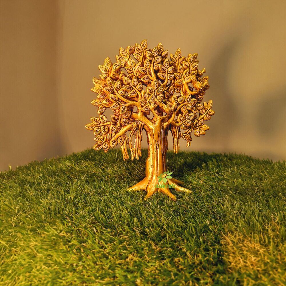 Aakrati Traditional Brass Tree Sculpture | Luxury Table Decor For Indian Homes | Handcrafted Brass Tree Accent ( Yellow,9 Inch)