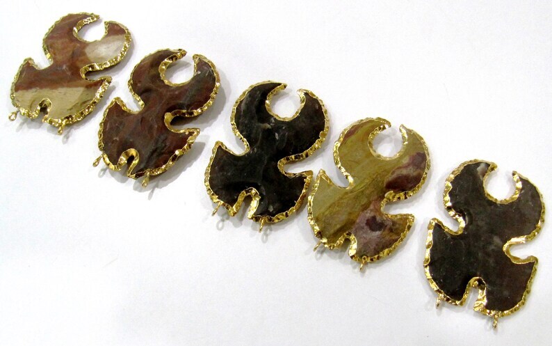 Natural Jasper Crab Shape Design Gold Electroplated Edge Double Loop