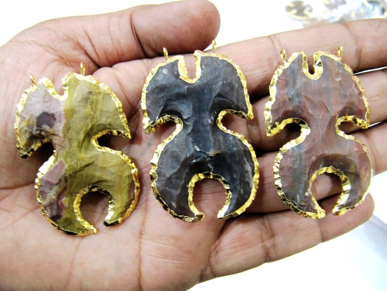 Natural Jasper Crab Shape Design Gold Electroplated Edge Double Loop
