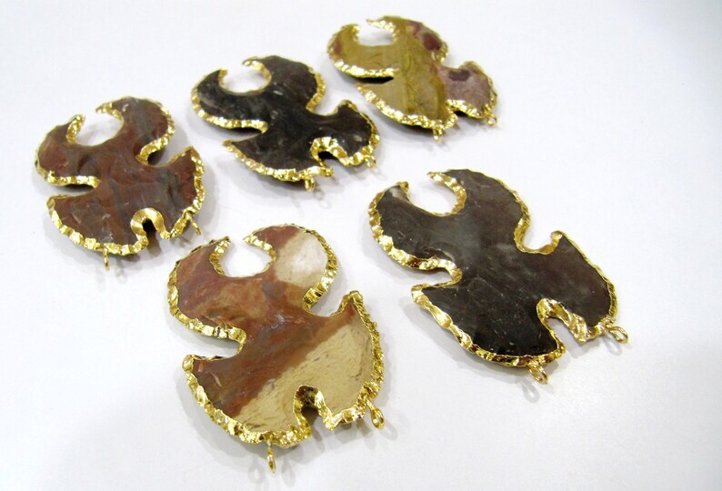 Natural Jasper Crab Shape Design Gold Electroplated Edge Double Loop