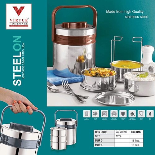 Steelon Stainless Steel Tiffin Box - Color: Various Color Available