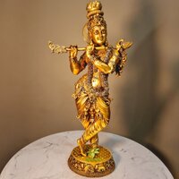 Aakrati Lightweight Brass Krishna Idol | Perfect for Spiritual Decor | Premium Brass Krishna Murti ( Yellow, 15.7 inch)