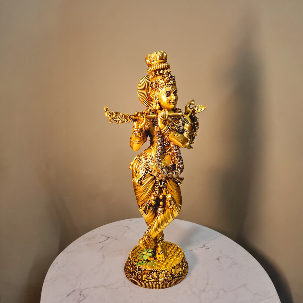 Aakrati Lightweight Brass Krishna Idol | Perfect for Spiritual Decor | Premium Brass Krishna Murti ( Yellow, 15.7 inch)