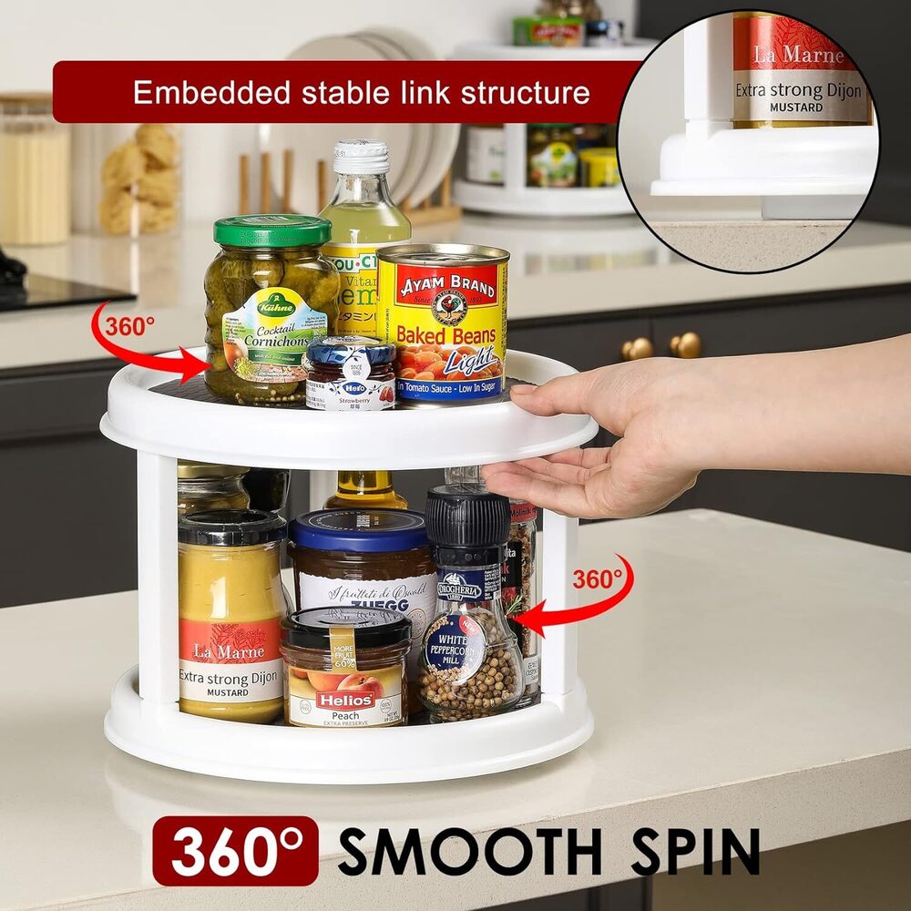 2 Tier Lazy Susan Rotating Tray - Eco-friendly Plastic, Smooth Surface, Classic White Color, Round Shape, Stylish Organization