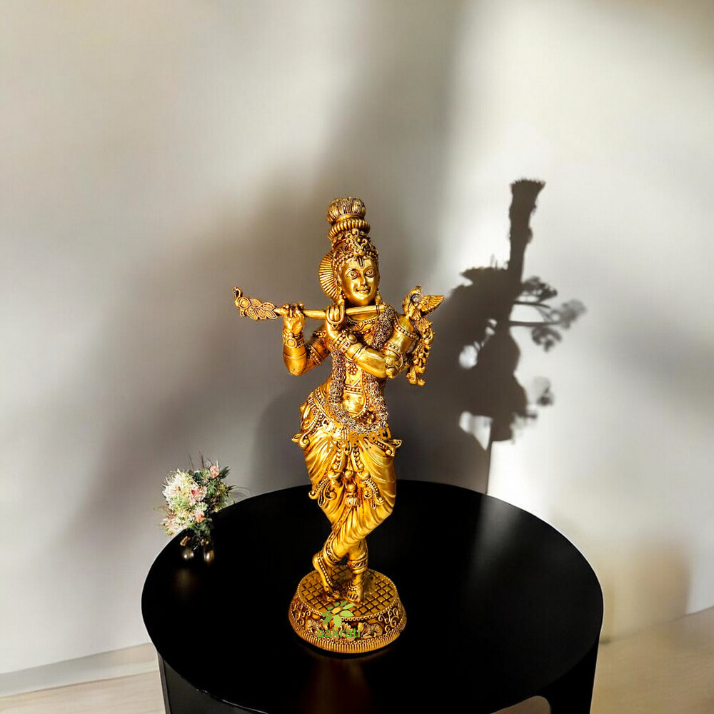 Aakrati Brass Krishna Idol | Lightweight and Exquisite Craft | Traditional Brass Krishna Statue ( Yellow, 12 inch)