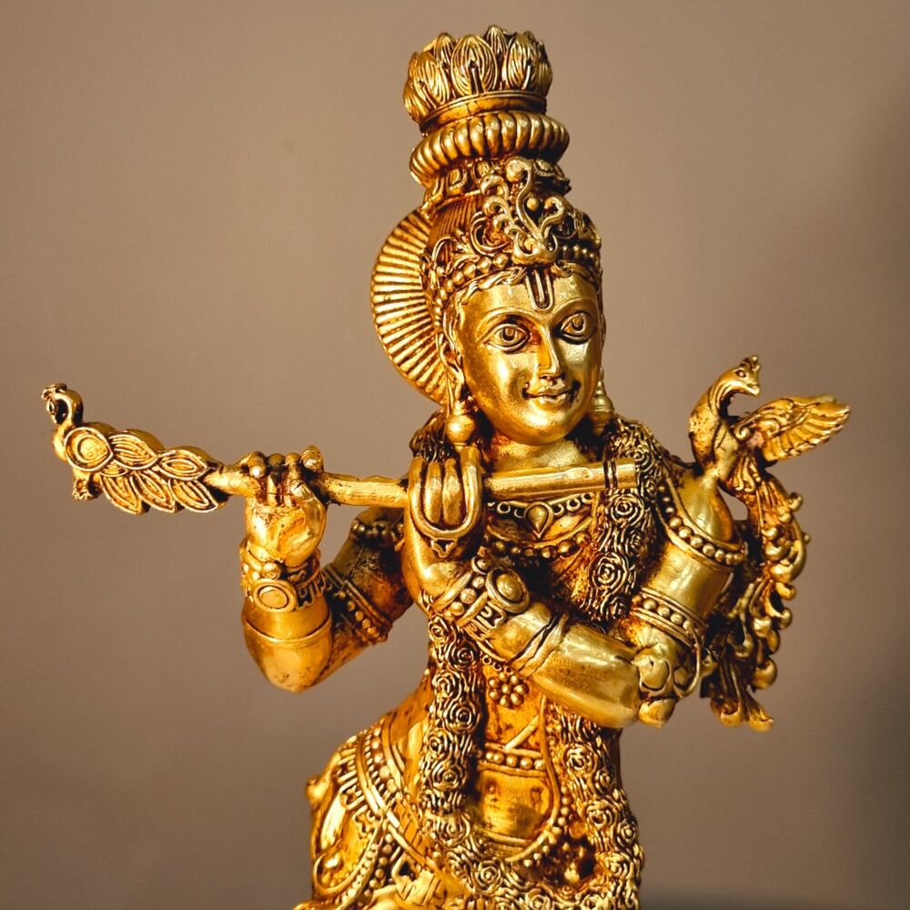 Aakrati Brass Krishna Idol | Lightweight and Exquisite Craft | Traditional Brass Krishna Statue ( Yellow, 12 inch)