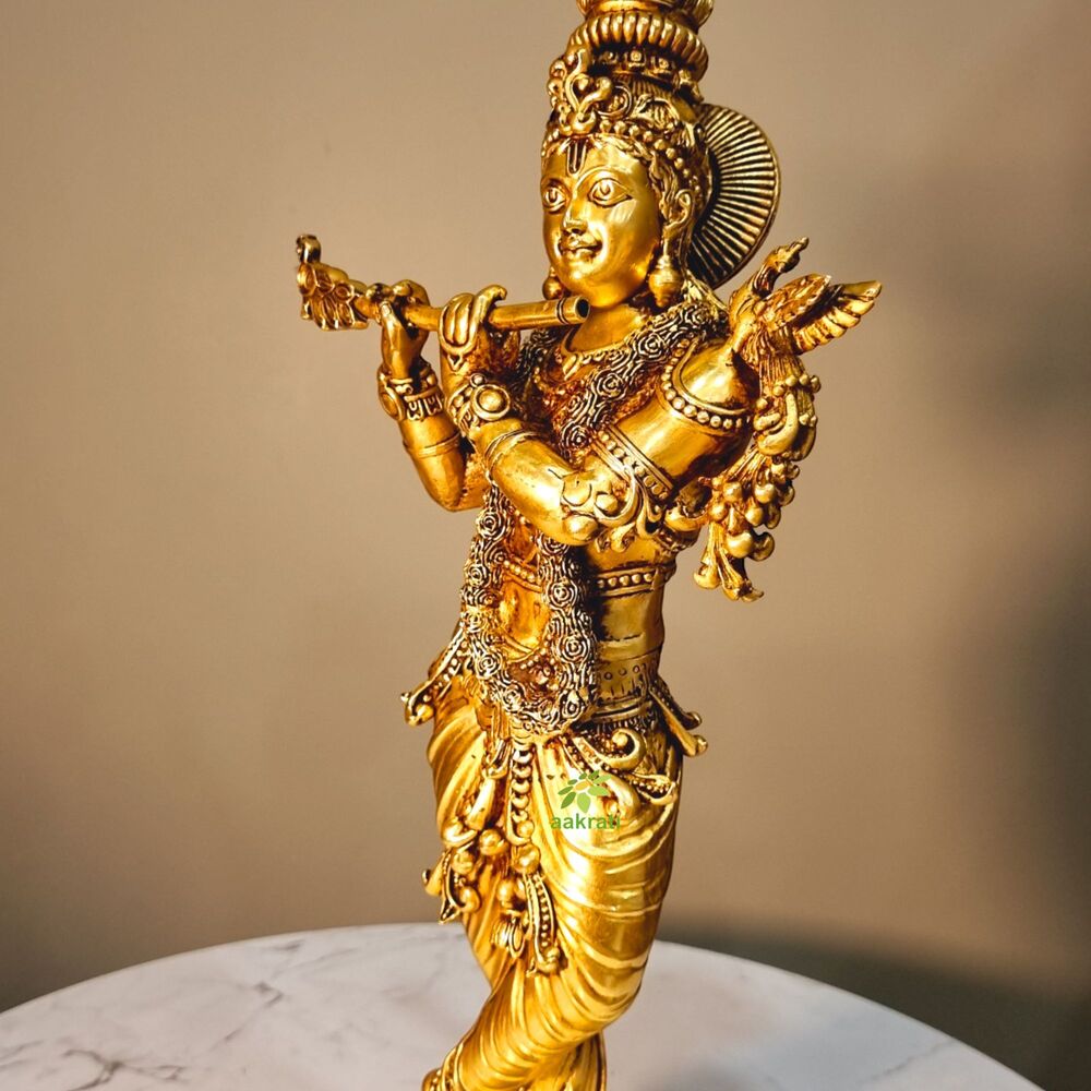 Aakrati Brass Krishna Idol | Lightweight and Exquisite Craft | Traditional Brass Krishna Statue ( Yellow, 12 inch)