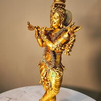 Aakrati Brass Krishna Idol | Lightweight and Exquisite Craft | Traditional Brass Krishna Statue ( Yellow, 12 inch)