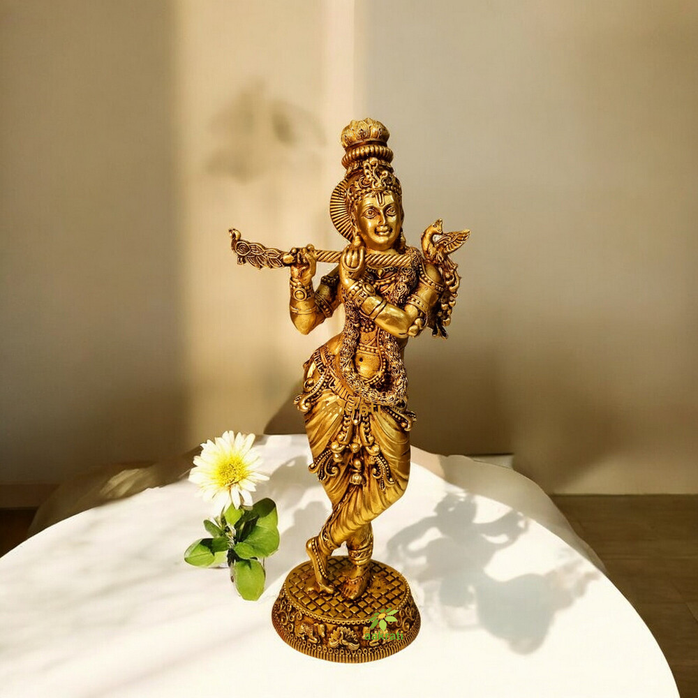 Aakrati Brass Krishna Statue | Lightweight, Classic, and Blessed Art | Elegant Krishna Brass Sculpture ( Yellow, 9.8 inch)