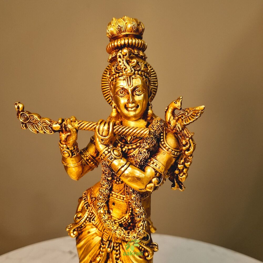 Aakrati Brass Krishna Statue | Lightweight, Classic, and Blessed Art | Elegant Krishna Brass Sculpture ( Yellow, 9.8 inch)