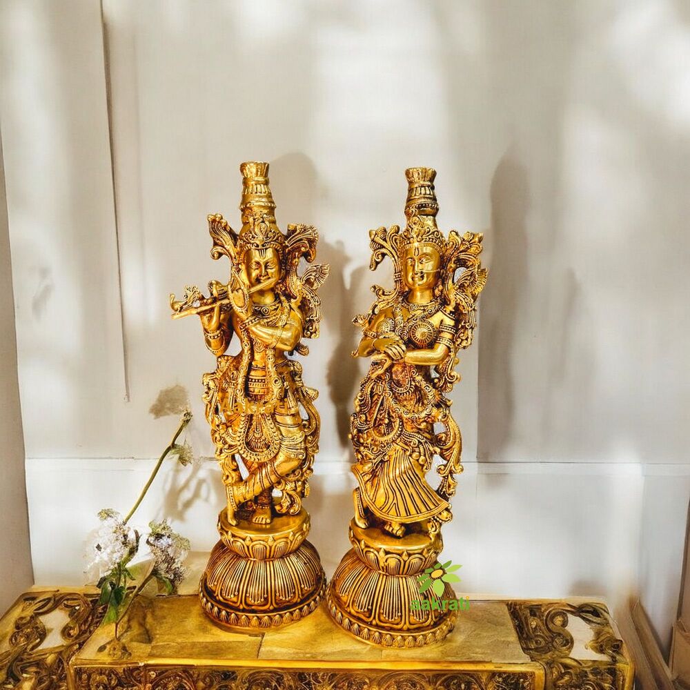 Graceful Lightweight Brass Radha Krishna Murti | Perfect for Pooja Room and Home DACcor | Elegant Brass Radha Krishna Statue ( Yellow, 11 inch)