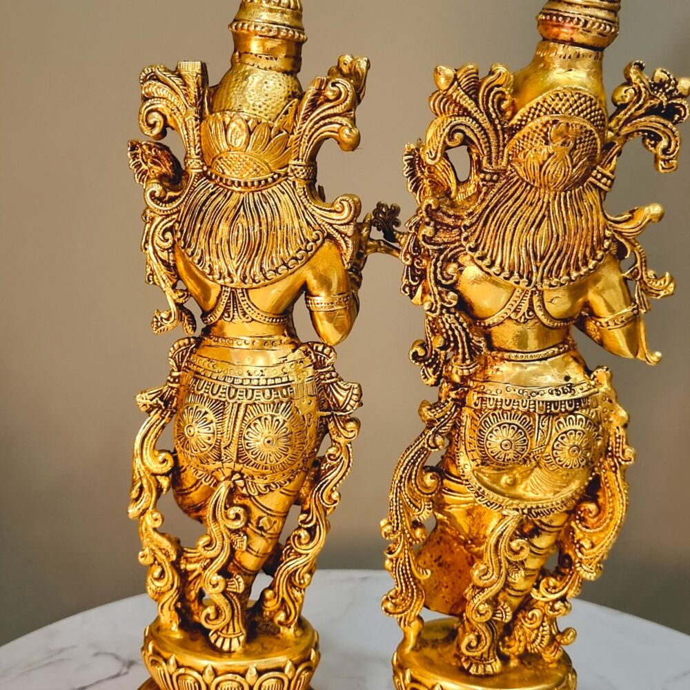 Graceful Lightweight Brass Radha Krishna Murti | Perfect for Pooja Room and Home Dcor | Elegant Brass Radha Krishna Statue ( Yellow, 11 inch)