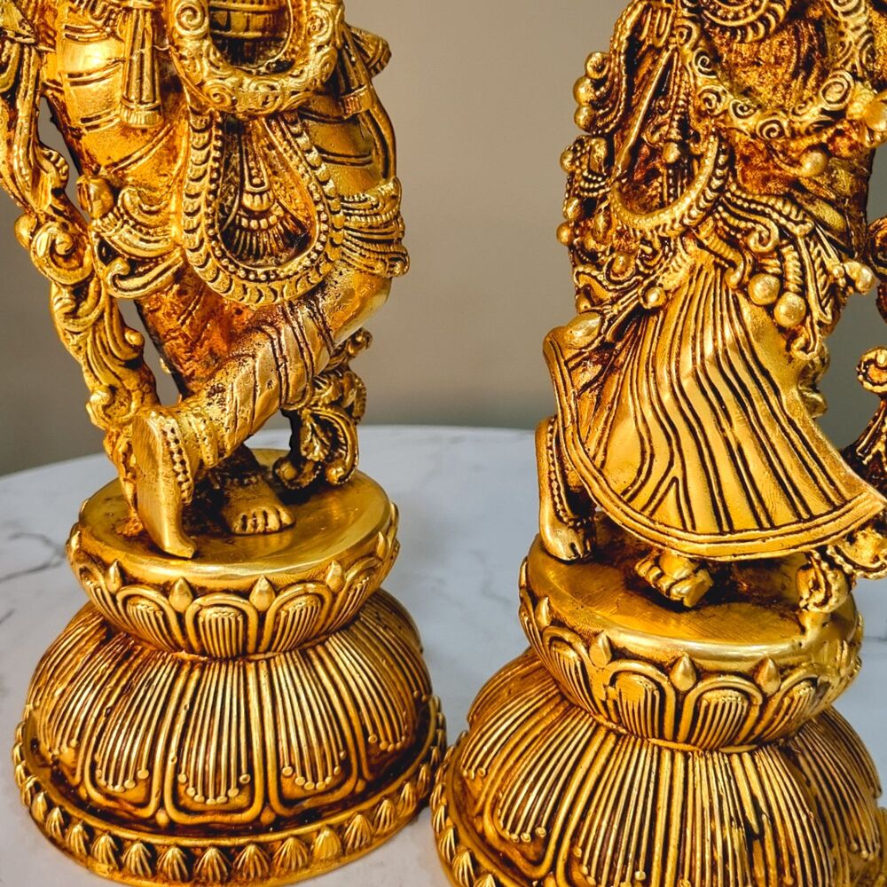 Graceful Lightweight Brass Radha Krishna Murti | Perfect For Pooja Room And Home Daccor | Elegant Brass Radha Krishna Statue ( Yellow, 11 Inch)