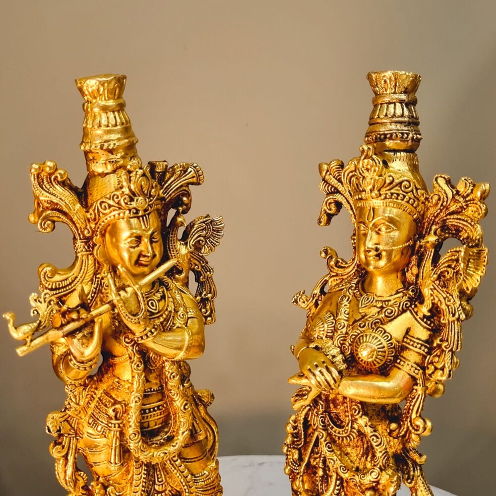 Graceful Lightweight Brass Radha Krishna Murti | Perfect For Pooja Room And Home Daccor | Elegant Brass Radha Krishna Statue ( Yellow, 11 Inch)