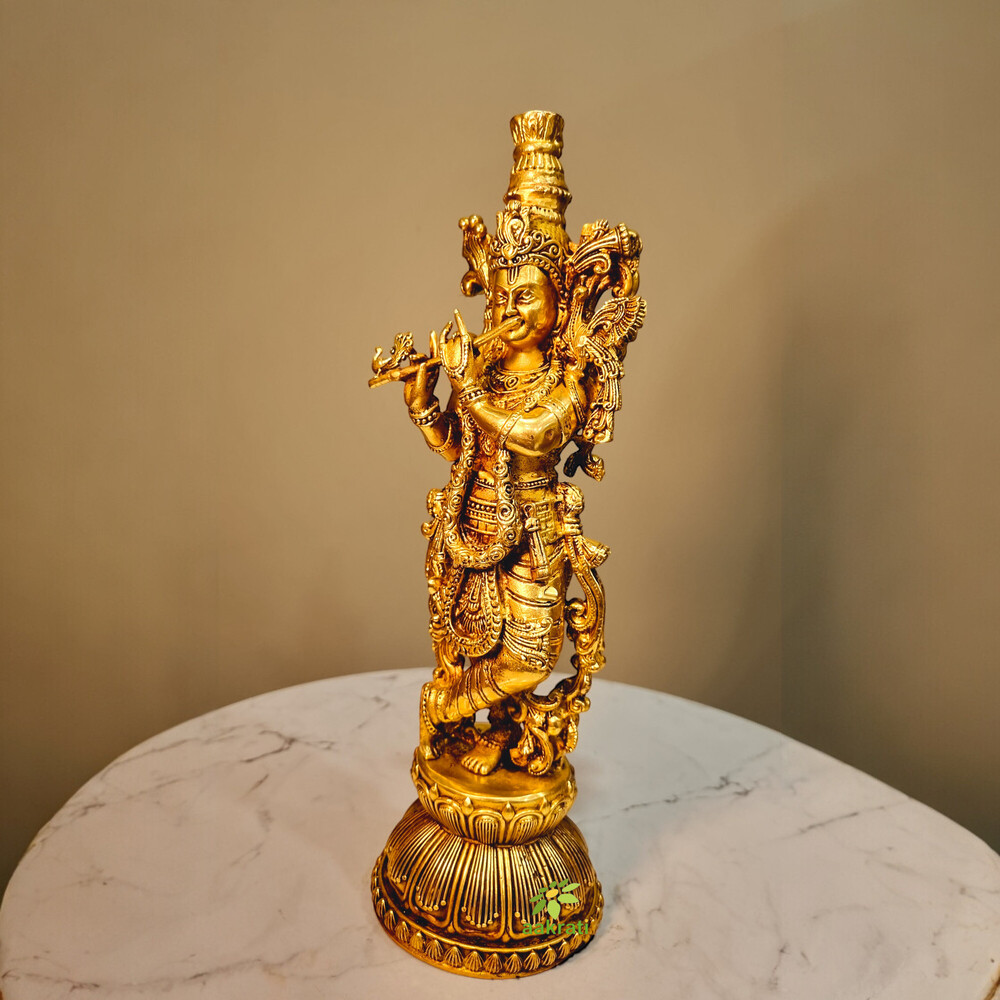 Aakrati Brass Krishna Statue | Lightweight, Classic, and Blessed Art | Elegant Krishna Brass Sculpture ( Yellow, 11 inch)