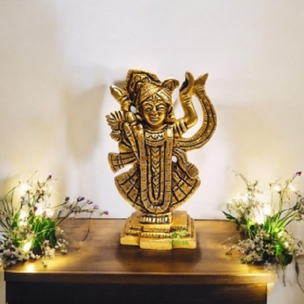 Aakrati Antique Finish Brass Shri Nath Ji Idol | Traditional Hindu Religious Idol for Home Temple ( Yellow, 4.5 inch)