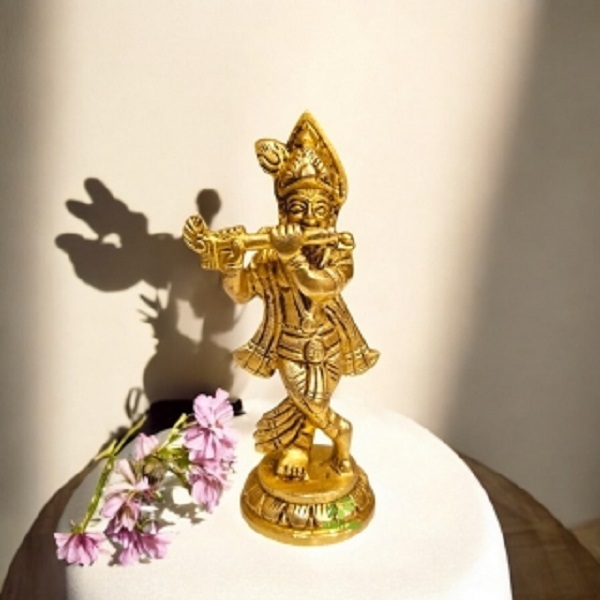 Aakrati Brass Krishna Murti | Handcrafted Divine Idol for Spiritual Home & Temple Decor ( Yellow, 4.5 inch)