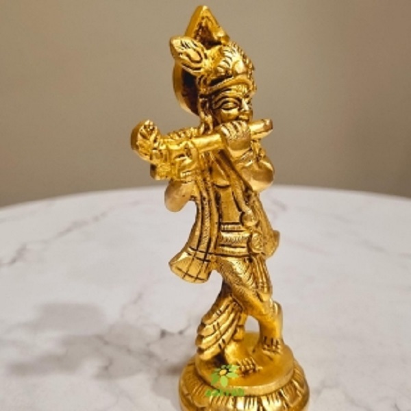 Aakrati Brass Krishna Murti | Handcrafted Divine Idol for Spiritual Home & Temple Decor ( Yellow, 4.5 inch)