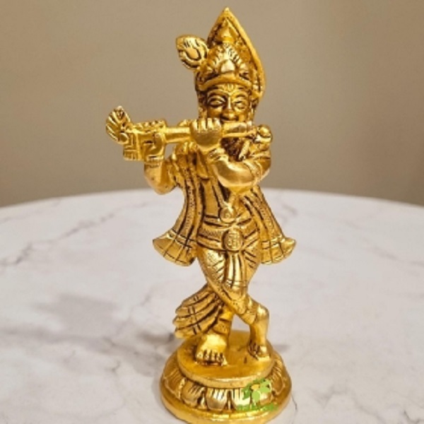 Aakrati Brass Krishna Murti | Handcrafted Divine Idol for Spiritual Home & Temple Decor ( Yellow, 4.5 inch)