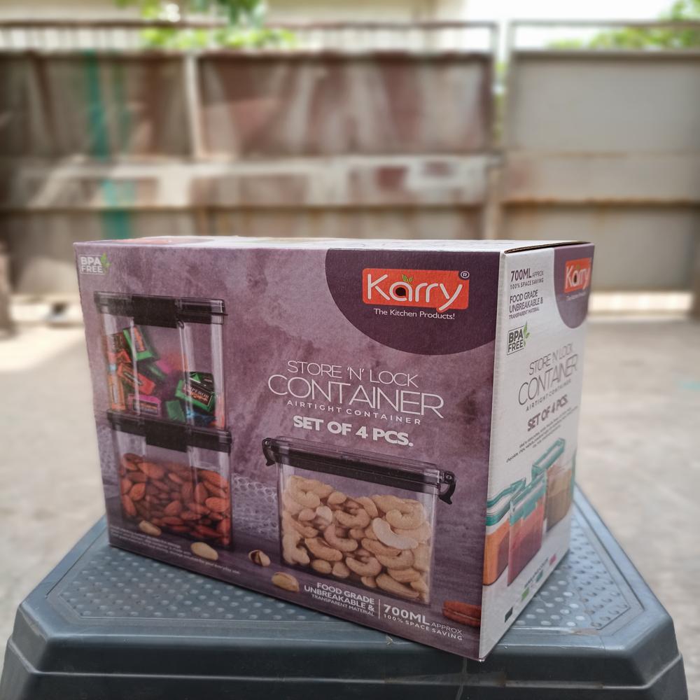 Karry Store N Lock Plastic Airtight Kitchen Cereal Dry Fruits Storage Container 4 Pcs Set 700 Ml - Color: Transparent With Black